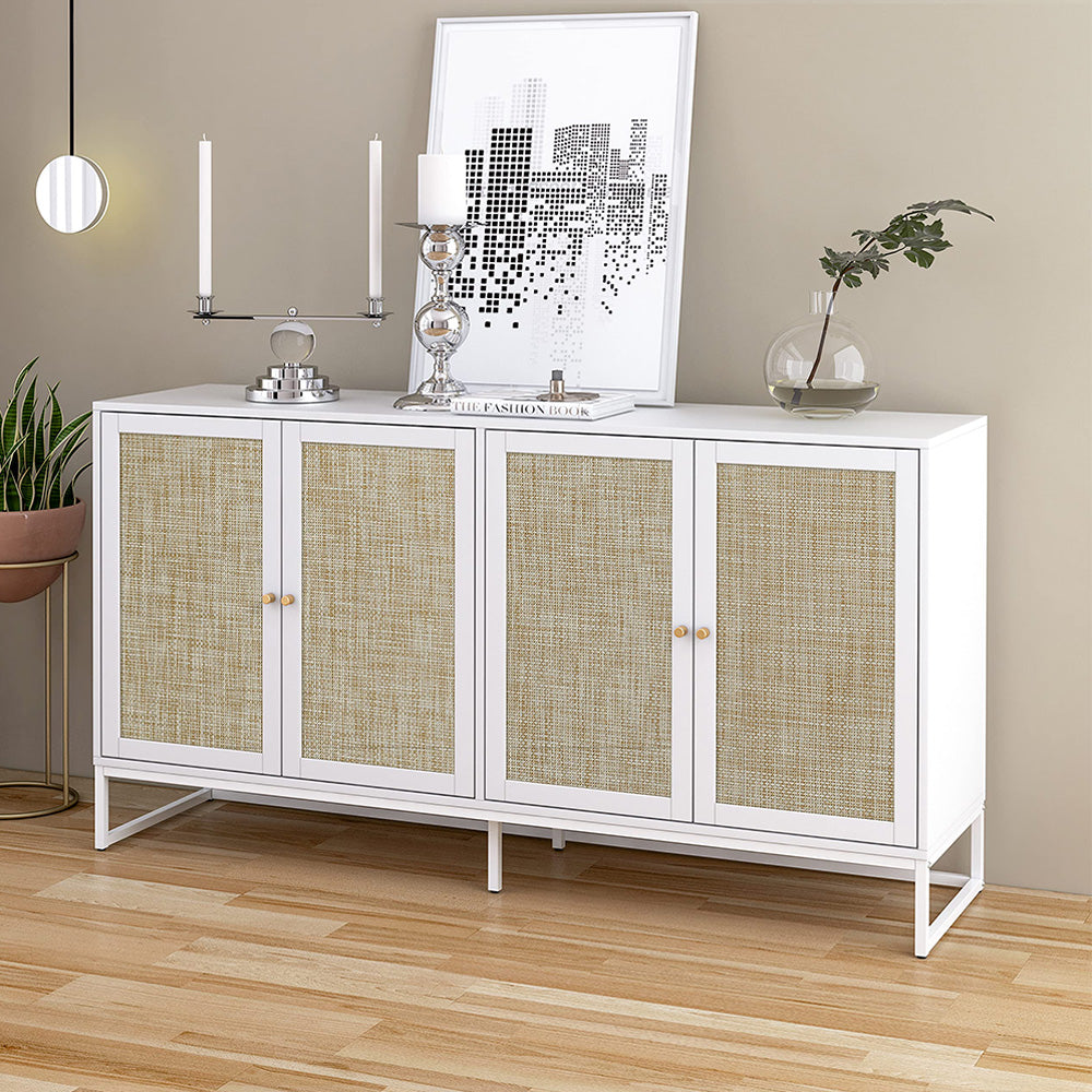 Modern Sideboard Storage Cabinet White with 4 Rattan Doors