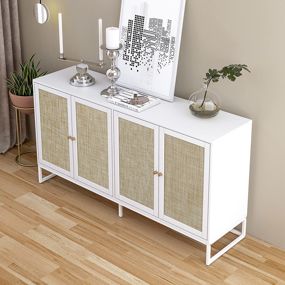 Modern Sideboard Storage Cabinet White with 4 Rattan Doors